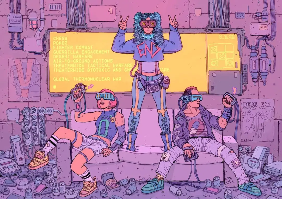 The meme depicts a scene from the 1982 film "Blade Runner" where a group of characters are sitting in a bar. The image shows a group of people sitting on a couch, with a large screen displaying a list of video game genres. The text on the screen reads "video games" and the characters are all wearing VR headsets, implying they are all playing video games.